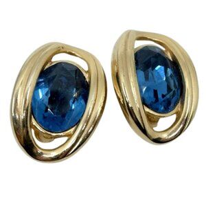 PISCITELLI Vintage 80s Blue Sapphire Rhinestone & Gold-Tone Clip On Earrings